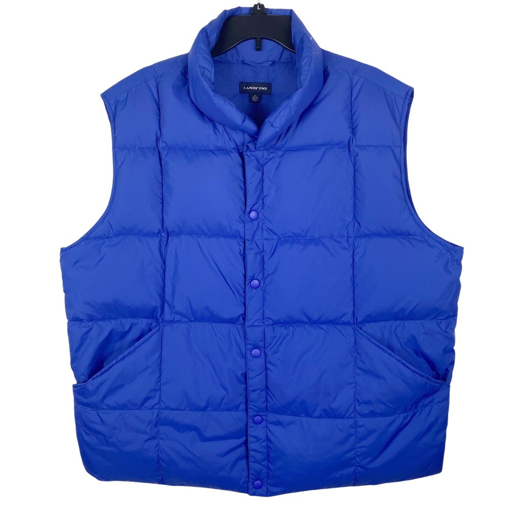Lands End Mens Blue Down Feather Insulated Quilted Vest Puffer Size XL Button Up